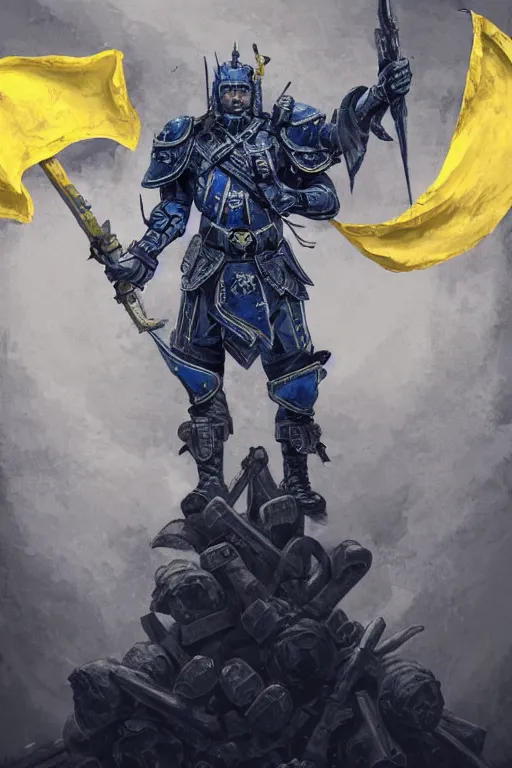 Image similar to a distant shot from below of a Ukrainian super soldier with blue and yellow flag behind him and a trident coat of arms on the chest standing alone on a huge pile of skulls posing as a winner, masculine muscular figure, D&D, fantasy, intricate, elegant, highly detailed, extremely detailed, digital painting, artstation, concept art, matte, smooth, hyper realistic, sharp focus, illustration, art by Artgerm and Greg Rutkowski and Alphonse Mucha