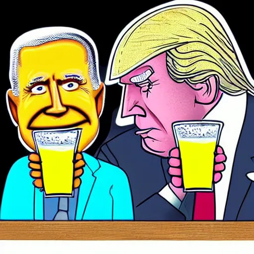 Image similar to cartoon drawing of Biden and Trump together drinking a lemon drink with Rio de Janeiro mountains on the background