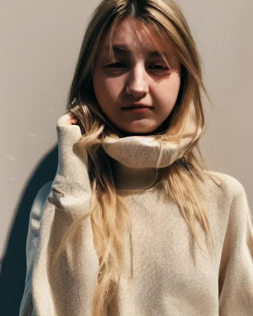 Image similar to girl with [ long beige hair, white skin, wearing a turtle neck ], 4 k photorealism, full face view, trending on unsplash