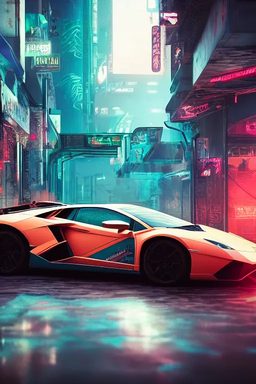 Image similar to insanely moody cinematic render of a lamborghini on cyberpunk city, teal and orange colors, vaporwave, photorealism, cinema still, photography, octane 3 d, vray render, insane details, 8 k high definition, artstation