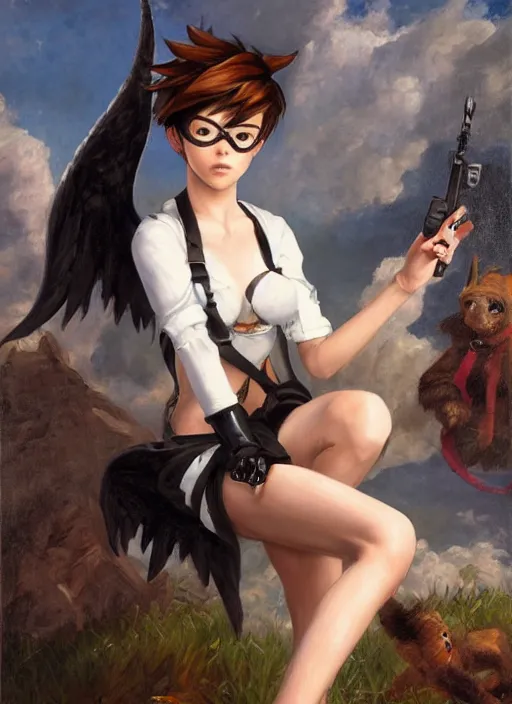 Image similar to oil painting of tracer overwatch in the style of sophie anderson, on knees, angel wings, black outfit, dramatic painting, wearing black choker,