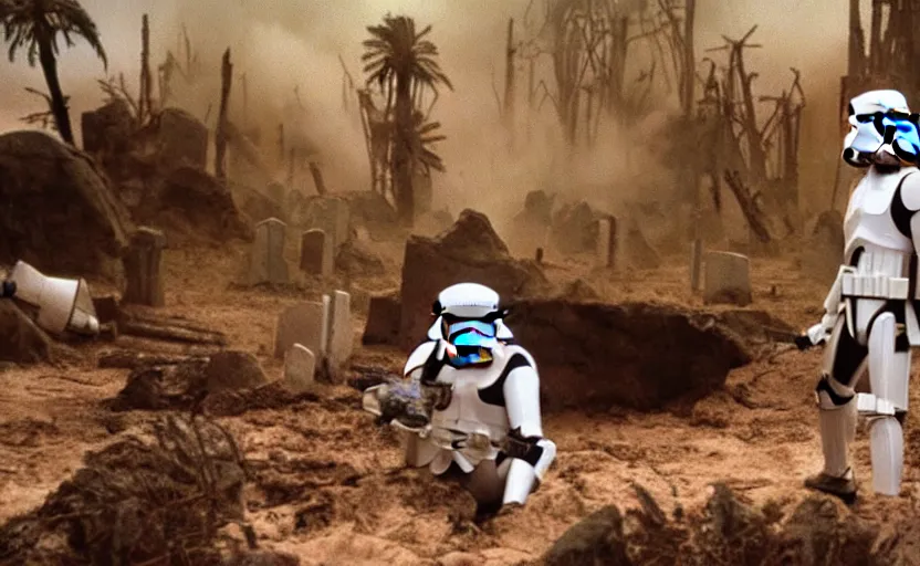 Prompt: screenshot from a scene of stormtrooper graveyard the lost jedi missing star wars film, 1980s film by Stanley Kubrick, moody lighting, stunning cinematography, hyper-detailed, sharp, anamorphic lenses, kodak color film, 4k