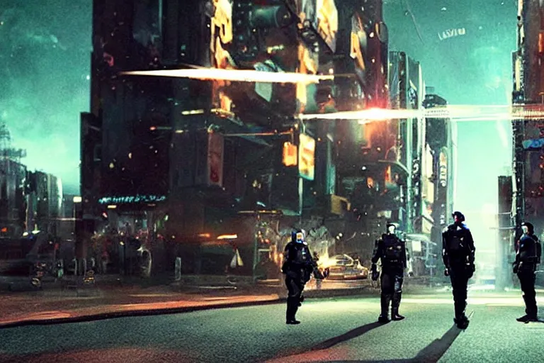 Image similar to cinematography ai robot rights standoff with police, sci-fi future city street at night. Emmanuel Lubezki