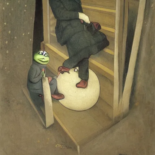 Image similar to pesta i trappen by theodor severin kittelsen, pepe the frog