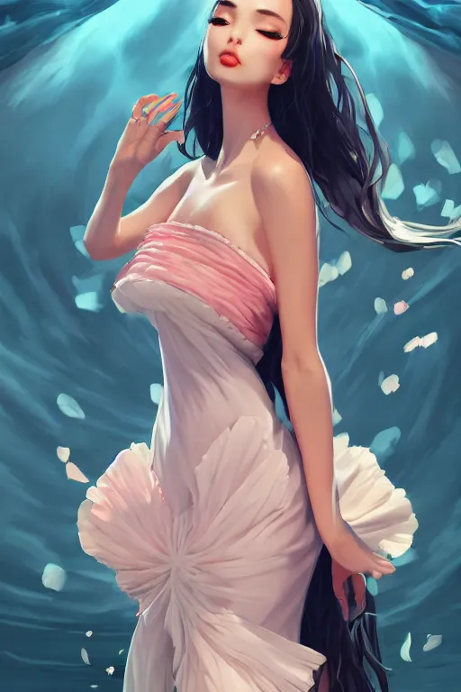 Image similar to a beautiful fashion goddness of love, chic strapless dress, tropical sea background, character design, in the style of artgerm, and wlop, cinematic lighting, hyperdetailed, 8 k realistic, symmetrical, global illumination, radiant light, frostbite 3 engine, cryengine, dof, trending on artstation, digital art