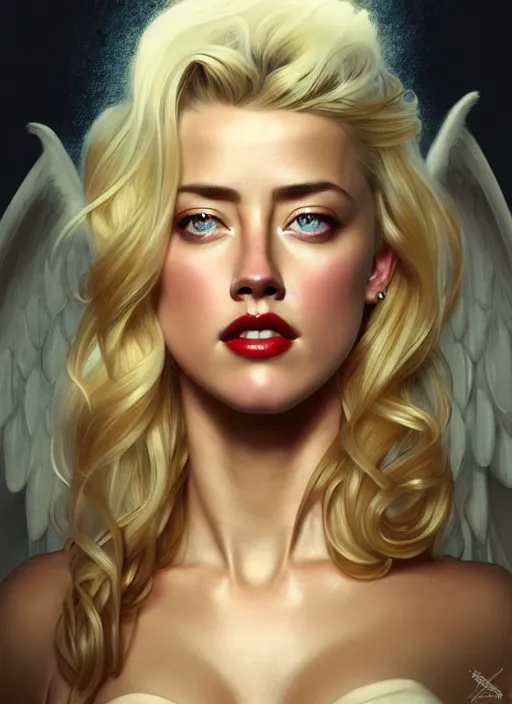 Image similar to portrait of amber heard as an blonde angel, wings, bible, intricate, headshot, highly detailed, digital painting, artstation, concept art, sharp focus, cinematic lighting, illustration, art by artgerm and greg rutkowski, alphonse mucha, cgsociety