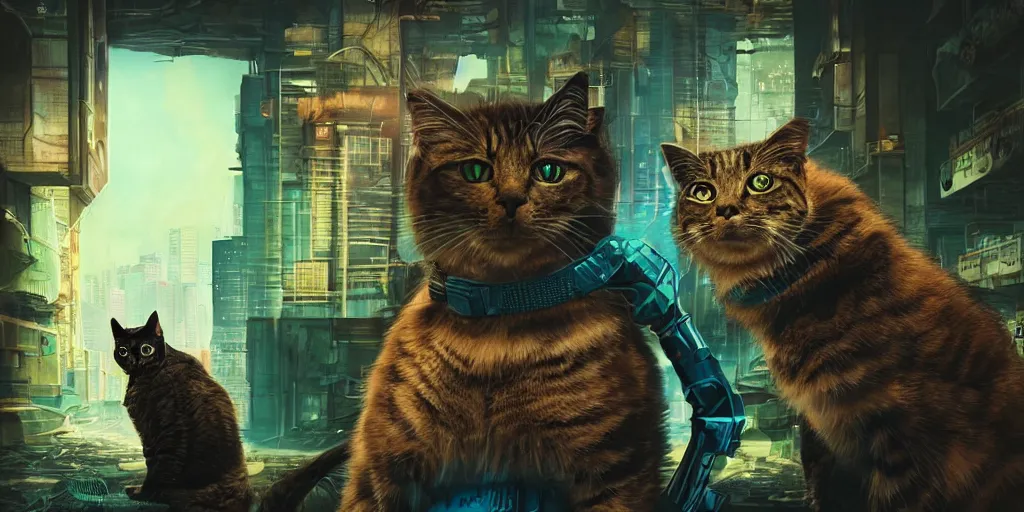 Image similar to cyberpunk cat and normal cat, brothers, fallout 5, studio lighting, deep colors, apocalyptic setting