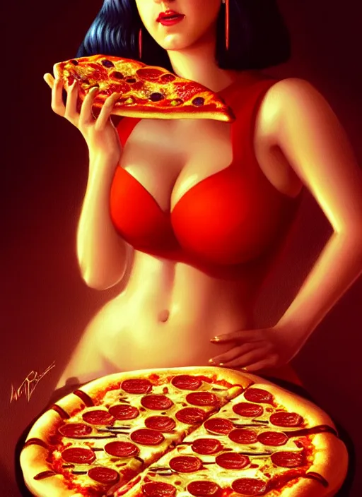 Image similar to portrait of katy perry eating pizza, intricate, elegant, glowing lights, highly detailed, digital painting, artstation, concept art, smooth, sharp focus, illustration, art by wlop, mars ravelo and greg rutkowski