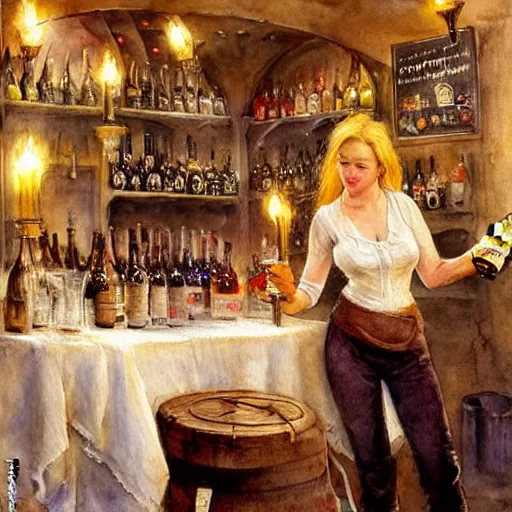 Image similar to hot blonde working in a wine cellar, food, pork, beer, schnapps, rustic, traditional, torches on the wall, watercolor by vladimir volegov and carl larsson