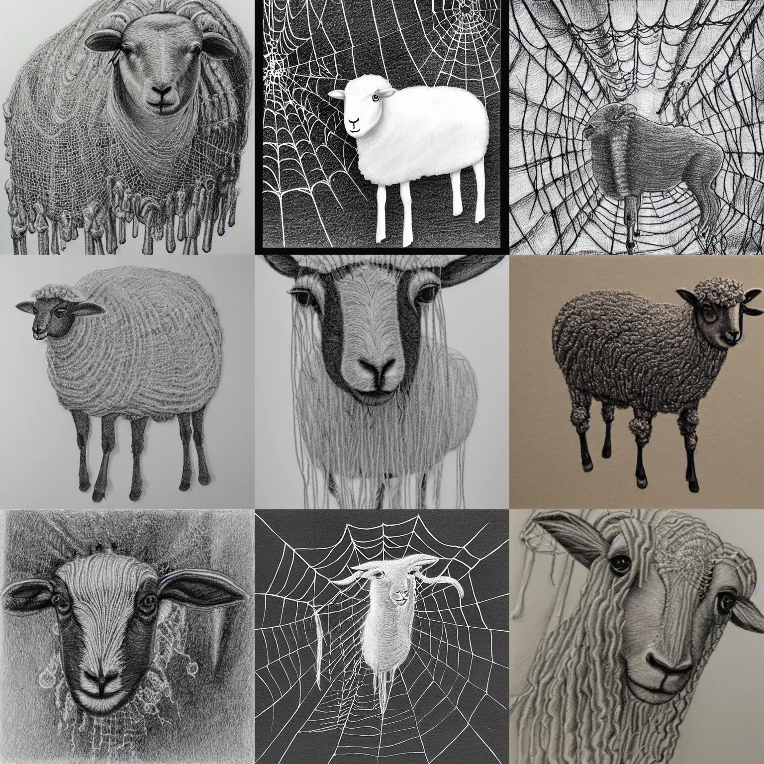 Prompt: transparent sheep in spiderweb clothes. pencil drawing