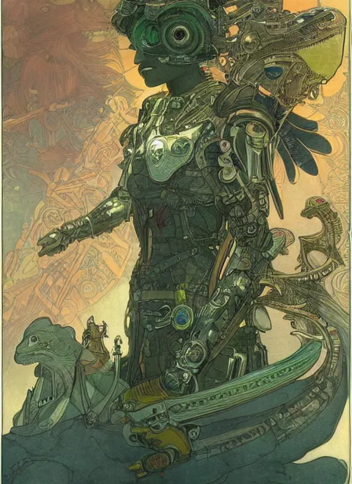 Prompt: portrait of a cyborg warrior girl character sitting on top of a robot dinosaur bird flying in space, epic character with dark skin and beautiful green eyes. the girl has a very beautiful detailed symmetrical face, long black hair. fantasy illustration by mucha