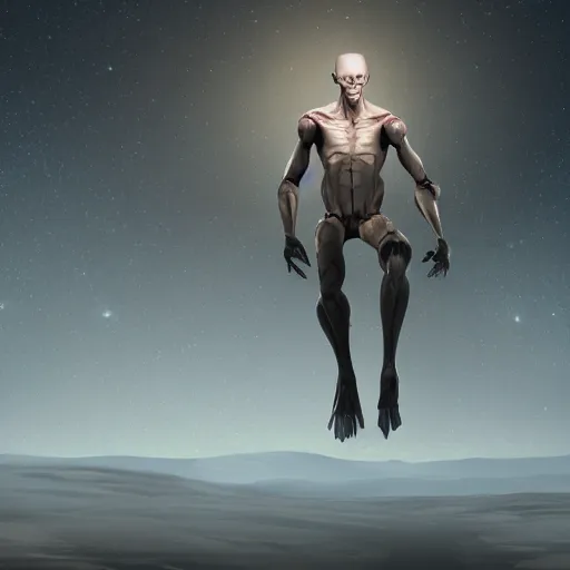 Image similar to average terran, humanoid, slender limbs, hairless head, high forehead, landscape, environment