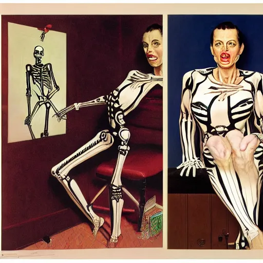 Prompt: portrait of a woman, wearing a skeleton catsuit, by alex ross and norman rockwell.