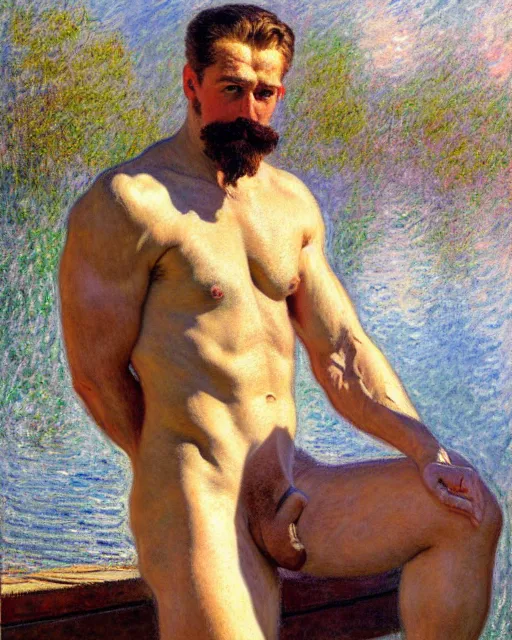 Image similar to muscular postman sitting on a dock on a lake, sunlight shining on his skin, reflective water, painting by tom of finland, gaston bussiere, craig mullins, j. c. leyendecker, claude monet