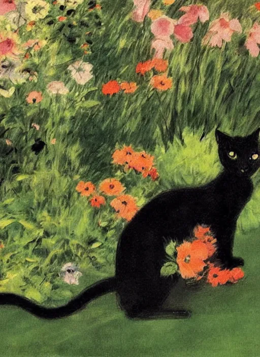 Prompt: vintage beautiful painting of a black cat in a garden in Mary Cassatt style