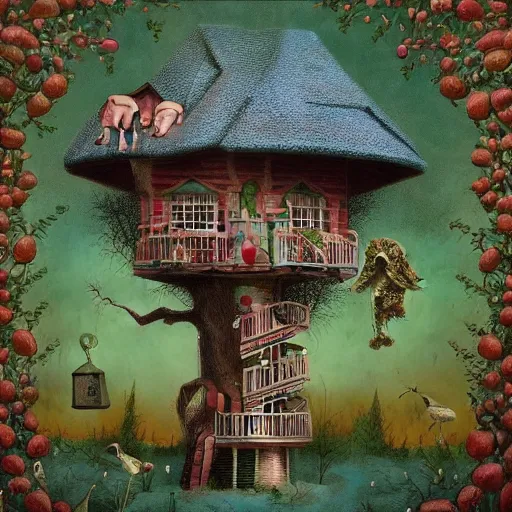 Prompt: tree house and small elephants, lowbrow surrealistic, in the style of Mark Ryden,