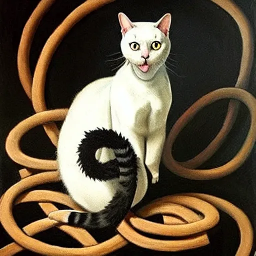 Image similar to a cat is painting with brushes, in a studio, painting the gordian knot black swan, in the technique of old masters, painting,