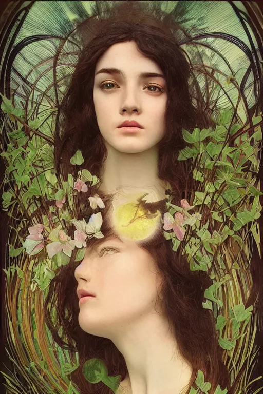 Image similar to an ( ( ( ( ( ( ( esoteric woman ) ) ) ) ) ), blending into nature!!!! with a beautiful face!!! cinematic lightning, isolated, studio lighting by alphonse mucha and tom bagshaw