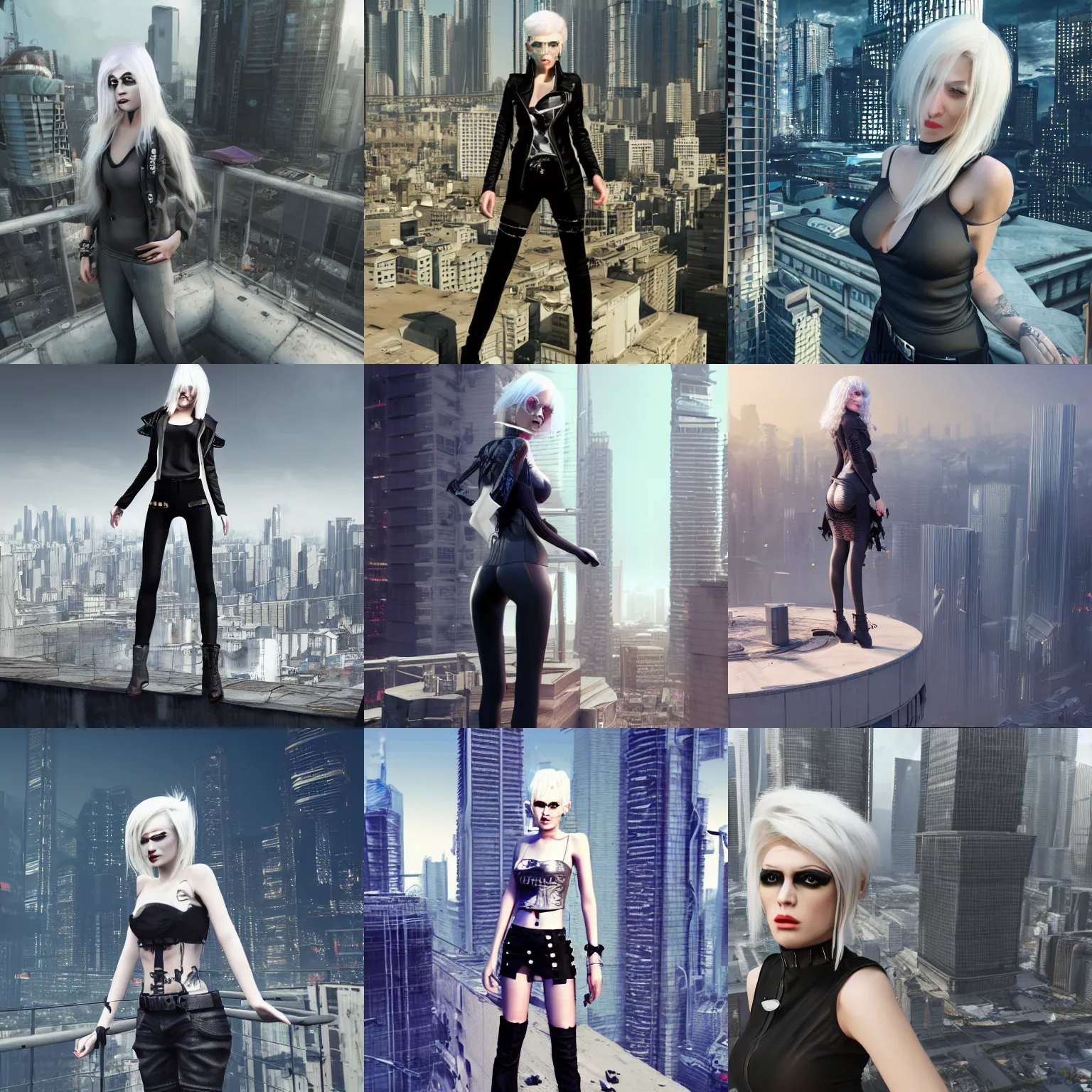 Prompt: high quality 3D render of a woman in a punk outfit, with short bobbed white hair, grey eyes, pale skin, standing on a skyscraper rooftop, overlooking a cyberpunk city. The woman is sad. Octane. Trending on art station. Concept art. Digital painting. Sci-Fi setting.