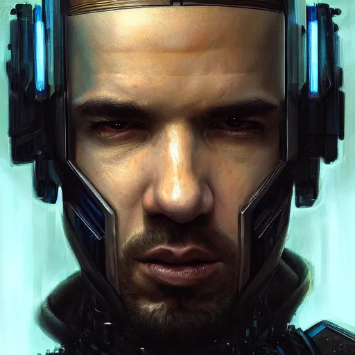 Image similar to drake as a realistic cyberpunk knight, closeup portrait art by donato giancola and greg rutkowski, realistic face, digital art, trending on artstation, symmetry!!