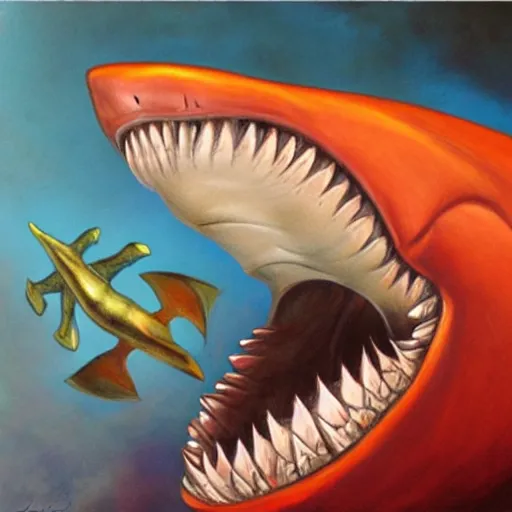 Image similar to julie bell illustration of a shark, Alien mouth