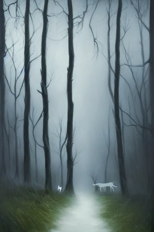 Prompt: dark and spooky woods. atmospheric, foggy, oil painting on canvas. fairytale with a wolf with glowing white eyes