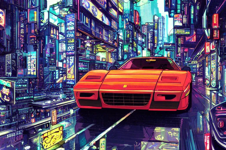 Prompt: 1985, single Ferrari GTO, city in anime cyberpunk style by Hayao Miyazaki
