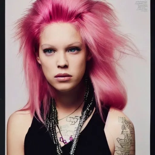 Prompt: photo of a gorgeous Nicole Anistion (1999) pink hair punk hairstyle by Mario Testino, detailed, full body shot, award winning, Sony a7R