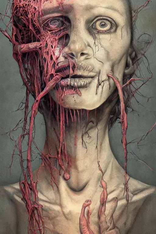 Image similar to surrealism crayon cartoon grunge portrait of a creepy horror nurse girl . intricate artwork. nightmare fuel. terrifying. by zdzisław Beksiński, wlop, dan mumford , trending on artstation, greg rutkowski very coherent symmetrical artwork. cinematic, hyper realism, high detail, octane render, 8k