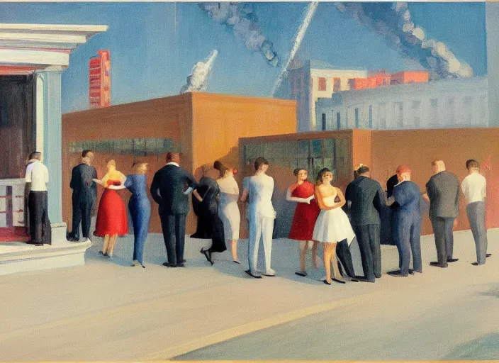 Image similar to crowd of tired working citizens carrying their daily routines on the backdrop of missiles exploding residential buildings, DSLR 35mm, by Edward Hopper