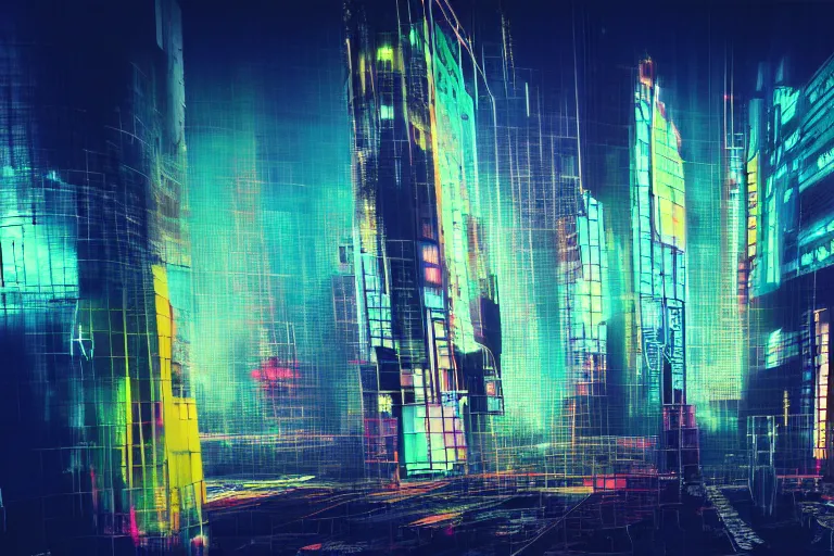 Image similar to cyberpunk tower, multilayer glitch effect in spatial perceptron synapses, matte painting, 4 k, epic composition, volumetric light, abstract illusionism, by robert rauschenberg, konstantinas ciurlionis, jean - michel basquiat, pour paint, modern street art, grunge wall, industrial