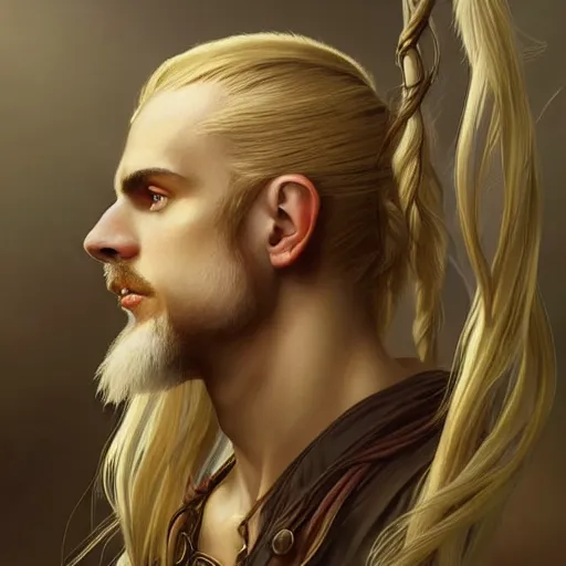 Prompt: masterpiece ultra realistic digital painting of a male elf with blonde hair in a ponytail, intricate, dramatic, cinematic, fantasy, highly detailed. in the style of alphonse mucha, greg rutkowski, artgerm, artstation trending.