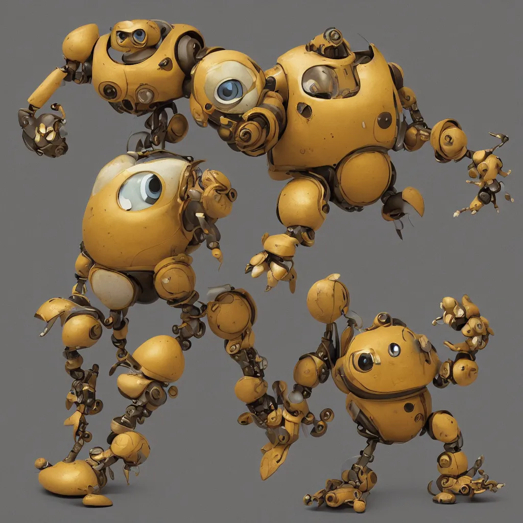 Image similar to , a small chubby bot, smooth panelling, one large gold eye intricate detail, style of pokemon, with damaged rusty arms, broken antenna, recycled, floating, white studio, oil, mechanical, toy, ambient light, in the style of pixar animation, pokedstudios, blender, octane render, 8 k, gediminas pranckevicius