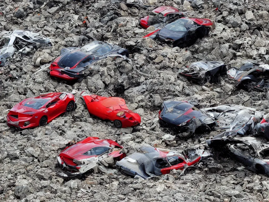 Image similar to crashed ferraris, 3 model lines on top of mount everest