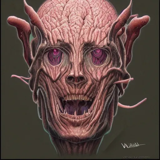 Image similar to a portrait of a character made of flesh and exoskeleton, in the style of wayne barlowe