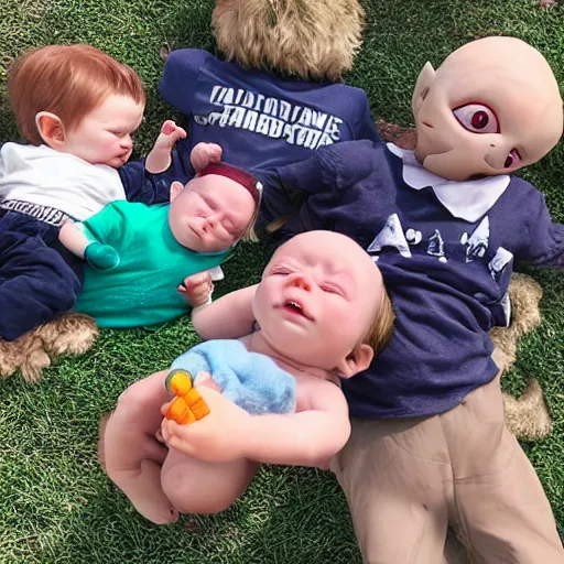 Prompt: playground nap - time with baby voldemort and baby harry potter and baby yoda and baby groot and baby mando and baby gummi bear, block party.