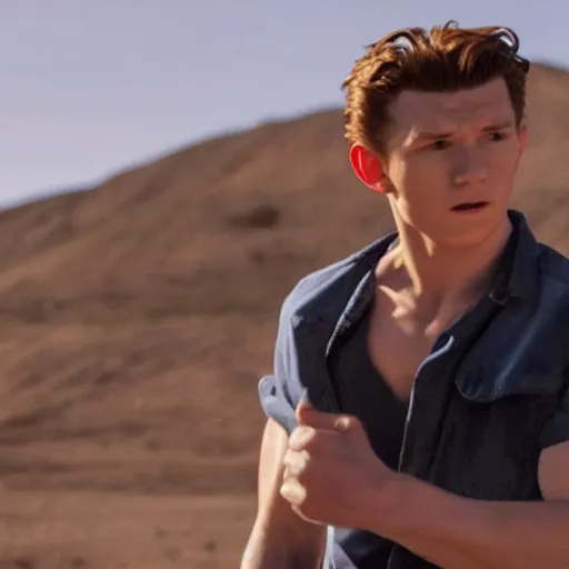 Image similar to film still of tom holland as maverick in too gun