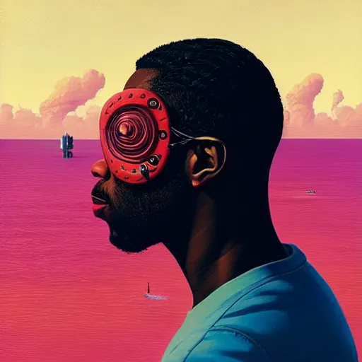 Image similar to a portrait of a black man :: side profile :: blood :: background sea :: intricate details :: futuristic oxygen mask :: 8k :: simon stalenhag and Sandra Chevrier