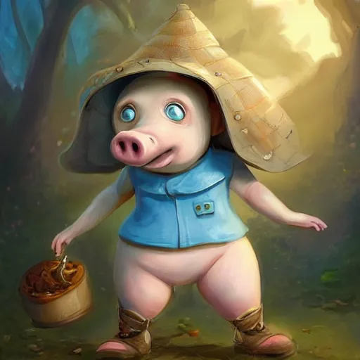 Image similar to cute little anthropomorphic funny female pig wearing shorts, a sunhat, boots and a pale blue shirt!! tiny!! fully clothed!!! small, short, cute and adorable, character art portrait, matte fantasy painting, deviantart artstation, by jason felix by steve argyle by tyler jacobson by peter mohrbacher, cinema