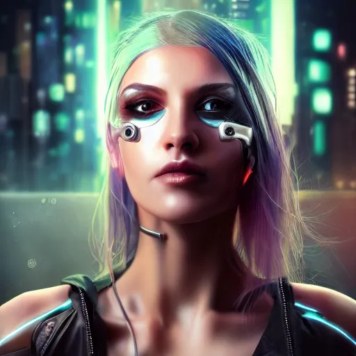 Image similar to realistic detailed portrait of Cyberpunk woman, portrait, long dark hair, cyber implants, Cyberpunk, Sci-Fi, science fantasy, glowing skin, full body, beautiful girl, extremely detailed, sharp focus, model