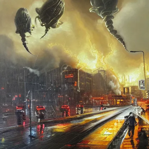 Image similar to hyperrealistic oil painting of the aliens invading earth at the rainy day all the people are running the street are ruined the buildings are on fire and the aliens are shooting laser guns 3 d