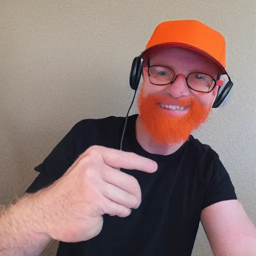 Image similar to middle aged streamer on twitch with black hat, stubble, ginger hair, orange hair, black cap, stubbles, red headphones, in the style of jeremiah ketner