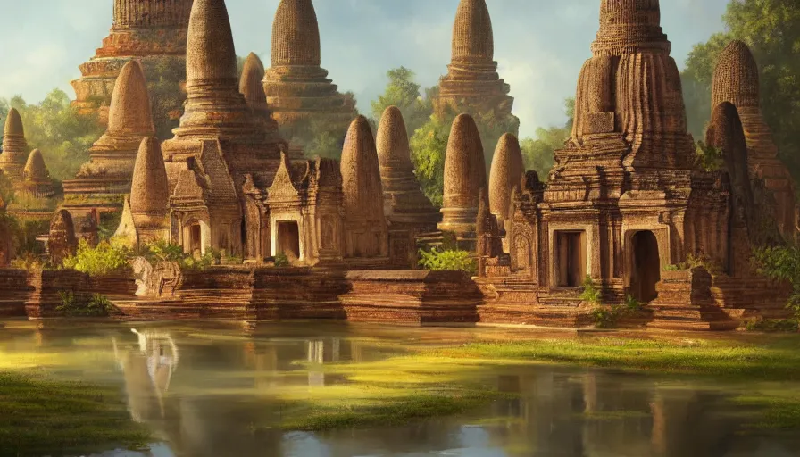 Image similar to ! dream matte painting of beautiful landscape of sukhothai, digital art trending on artstation, elegant, loin cloth, highly detailed, oil painting, artstation, concept art, matte, sharp focus, illustration, hearthstone, art by earl norem