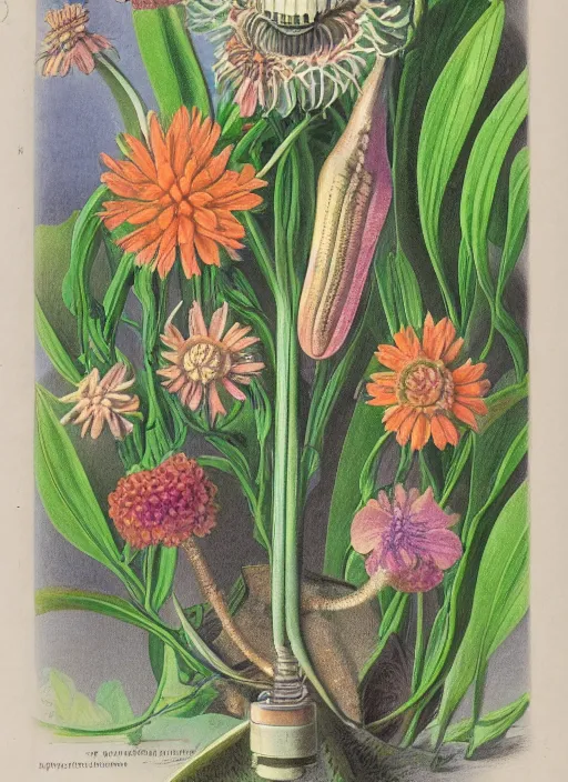 Image similar to fantasy scientific botanical illustration of colorful flower with a mouth and teeth on its base