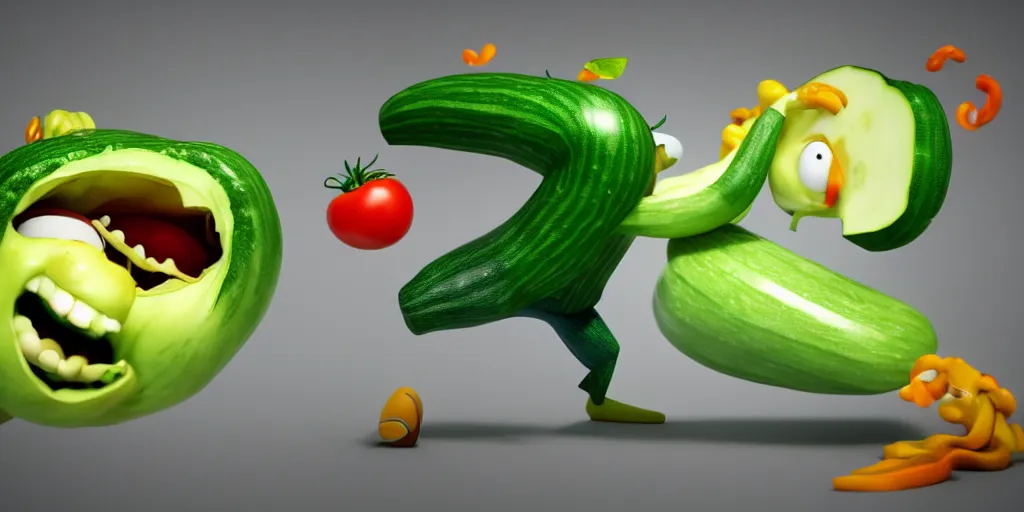 Image similar to detailed 3 d render of a zucchini character running after a tomato character, high speed chase, dramatic scene, hyper realistic octane render, cinematic lighting, deviantart, frame from pixar movie