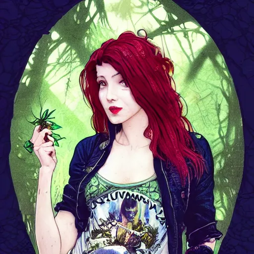 Image similar to a beautiful and detailed matte painting of a poison ivy dressed casually in jeans and a nirvana t - shirt from hot topic, food court in a mall, dark eyeliner, intricate, elegant, highly detailed, digital painting, artstation, concept art, matte, sharp focus, illustration, art by rebecca guay and by arthur rackham and by alphonse mucha and by john william waterhouse