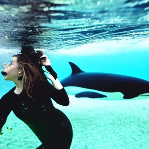 Prompt: gorgeous woman underwater with an orca whale trying to eat her