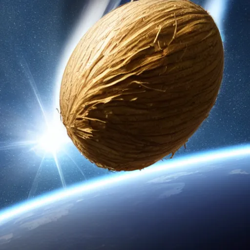 Image similar to an artist's rendering of a coconut satellite in space, a digital rendering by carl eugen keel, featured on cg society, space art, redshift, anamorphic lens flare, reimagined by industrial light and magic