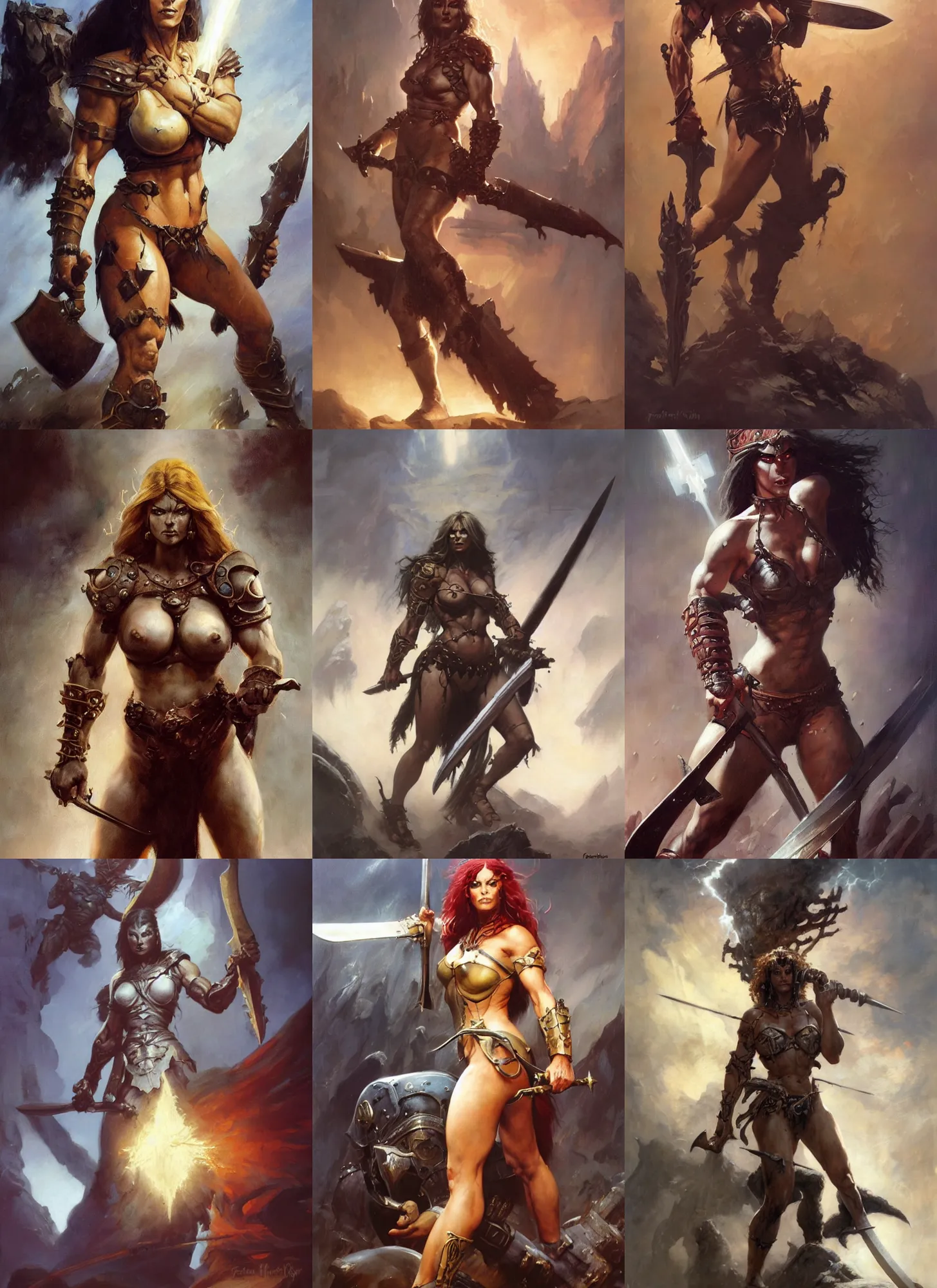 Prompt: A full portrait oil painting of a berserker woman with a claymore, by Frank Frazetta, Greg Rutkowski, Boris Vallejo, epic fantasy character art, Exquisite detail, post-processing, low angle, masterpiece, cinematic, lightning, master of the universe