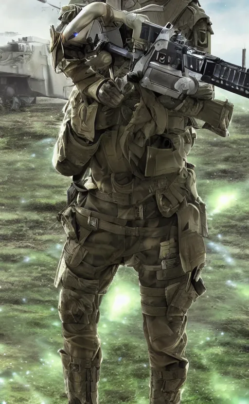 Prompt: girl, trading card front, future soldier clothing, future combat gear, realistic anatomy, war photo, professional, by ufotable anime studio, green screen, volumetric lights, stunning, military camp in the background, metal hard surfaces, generate realistic face, strafing attack plane, pretty eyes